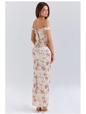 Floral Off-Shoulder Lace-Up Maxi Dress - Cream with Pink Roses house of cb isis